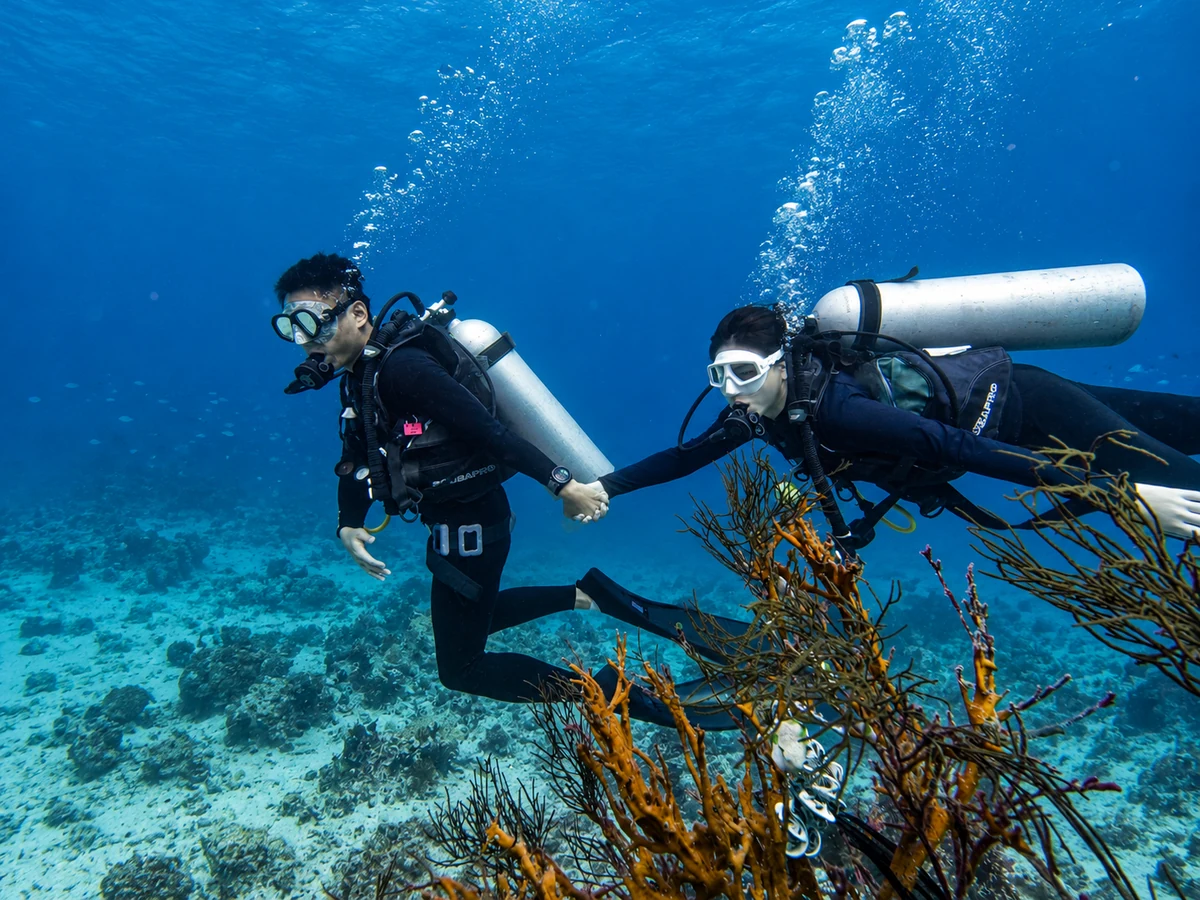 Mauric and Nadya holding hands underwater above a coral reef